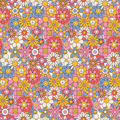 60s and 70s retro vintage flowers seamless pattern. Floral background with different hippie daisies. Outline color vector illustration.