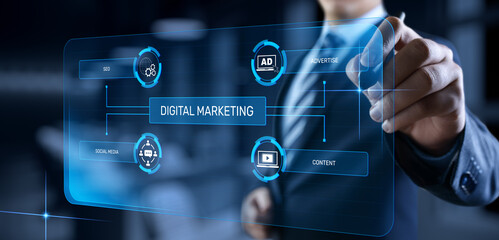 DIgital marketing online internet SEO SEM SMM. Businessman pressing button on screen.