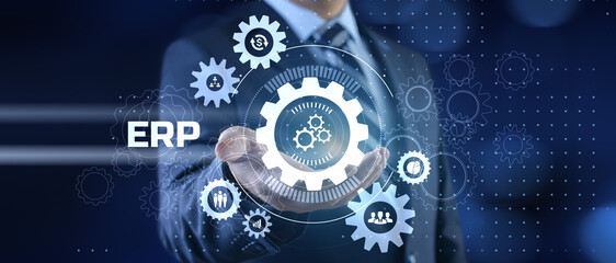 ERP Enterprise Resources planning software system business technology concept.