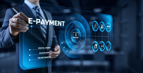 Fototapeta na wymiar E-payment digital money online banking. Businessman pressing button on screen.