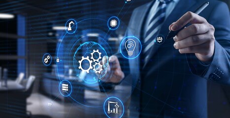 Fototapeta premium Gears icons business process automation innovation technology concept. Businessman pressing button on screen.