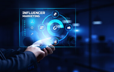 Influencer Influence marketing social media advertising concept on screen.