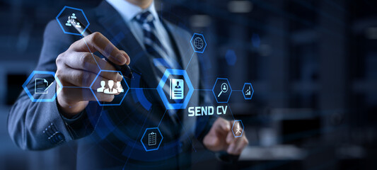 Send CV resume job search HR recruitment hiring businessman pressing button.