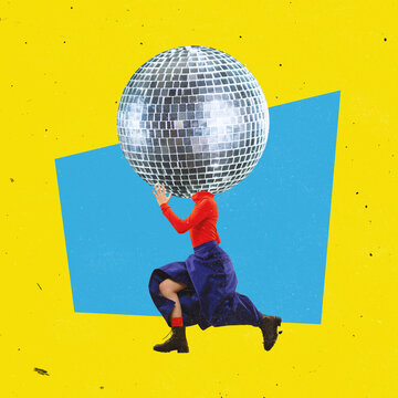 Contemporary art collage. Woman dancing with retro disco ball head isolated over yellow background. Party time