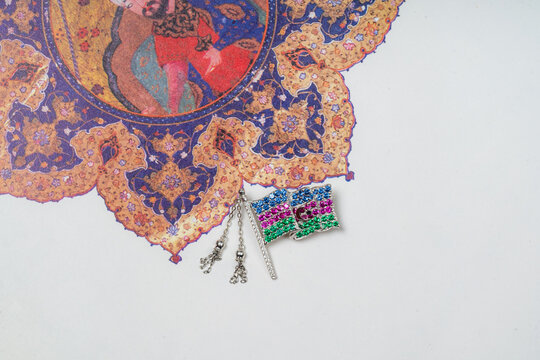 Azerbaijan Silver Flag Lapel Pin On Ornament Background