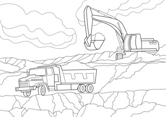 Coloring page antistress KAMAZ and an excavator at a construction site