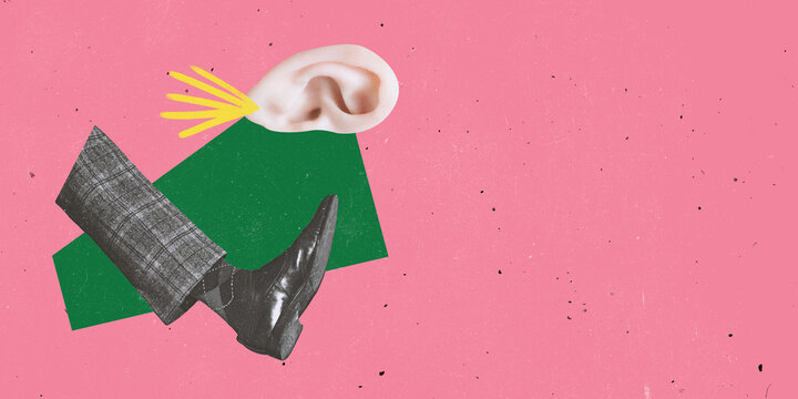 Contemporary art collage. Male leg kicking human ear isolated over pink background. Refusing fake information