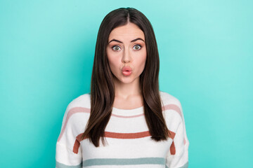 Fototapeta premium Photo of excited amazed funny cute lady look camera open mouth wow face wear striped pullover isolated blue color background