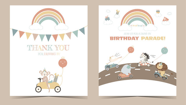 Drive-by Birthday Party Invitation And Coordinated Thank You Card. Drive Through Birthday Parade Invitation With Cute Animals And Rainbow, Monkey, Elefante, Zebra, Lion, Cars, Gifts, Honk And Wave