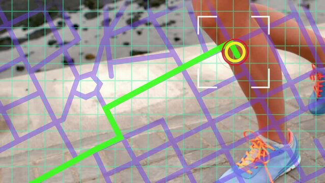 Navigation map line scheme over low section of a woman running on the promenade