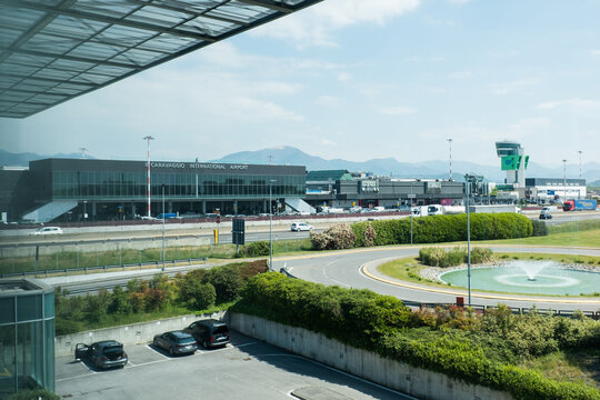 Bergamo, Italy - 04.29.2022 - View from Hotel NH Orio al Serio towards Milan Bergamo Airport. Orio al Serio International Airport.