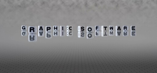 graphic software word or concept represented by black and white letter cubes on a grey horizon background stretching to infinity