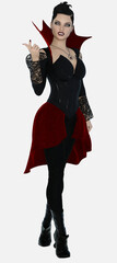 Full length portrait of Evanee, a young beautiful female woman vampire Queen of the Night Dead and Undead on an isolated white background. Evanee is a 3D illustration character model rendering render.