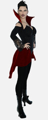 Full length portrait of Evanee, a young beautiful female woman vampire Queen of the Night Dead and Undead on an isolated white background. Evanee is a 3D illustration character model rendering render.