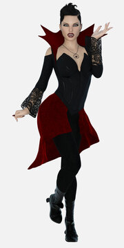 Full length portrait of Evanee, a young beautiful female woman vampire Queen of the Night Dead and Undead on an isolated white background. Evanee is a 3D illustration character model rendering render.
