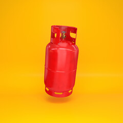 Red gas cylinder floating on a yellow background, 3d render