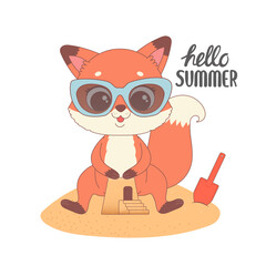 Cute fox ready for summer, cartoon vector
