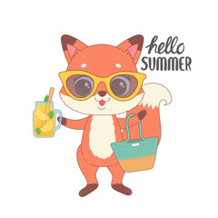 Cute fox ready for summer, cartoon vector