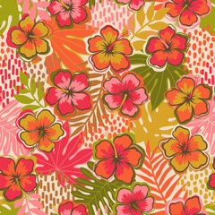 Hand drawn hibiscus and tropical leaf seamless pattern for summer holidays background.