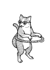 gatito con lentes bailando con un aro 