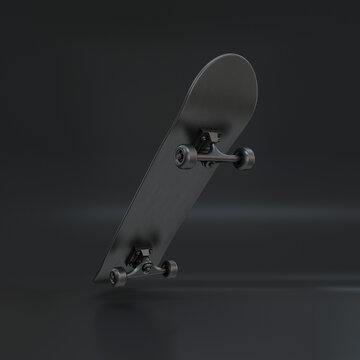 Black skateboard floating on a black background, 3d render