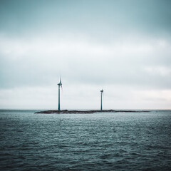 ocean sea  winter island  windmills without person