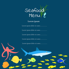 restaurant's menu is fresh fish and shellfish. Seafood and food business concept. Vector cartoon illustration in flat style