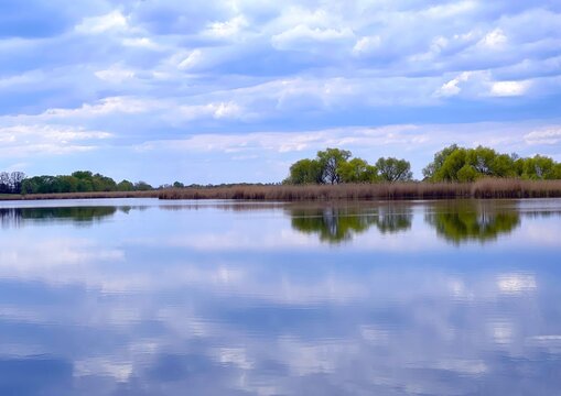 Scenic landscape with lake and clouds.