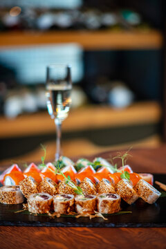 sushi and wine on the table