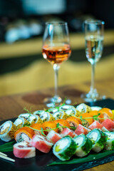 sushi and wine on the table