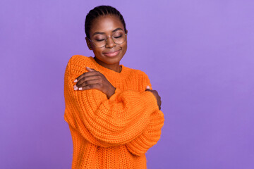 Portrait of adorable gorgeous girl closed eyes arms hug shoulder warmth soft isolated on violet...