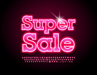 Vector promo poster Super Sale. Neon red Font. Glowing Alphabet Letters and Numbers