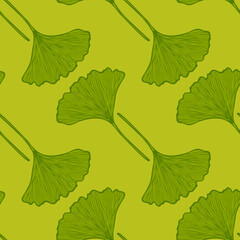 Seamless pattern engraved leaves Ginkgo Biloba. Vintage background botanical with foliage in hand drawn style.