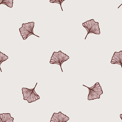Seamless pattern engraved leaves Ginkgo Biloba. Vintage background botanical with foliage in hand drawn style. Vector repeated color design texture for print, fabric, wrapping, wallpaper, tissue.