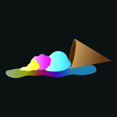 Melted Ice cream in blue pink and yellow on summer time isolated in black
