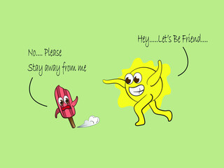 Melted Popsicle run away from the sun cartoon vector illustration