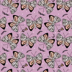 Butterflies seamless pattern in folk style. Hand drawn butterfly and flowers endless wallpaper. Cute flying insect print. Animal folklore motif.