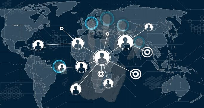 Animation of network of connections with people icons over world map