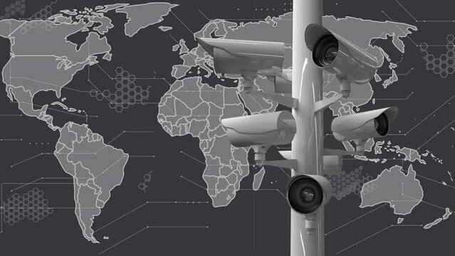 Animation of online security cctv cameras and data processing over world map