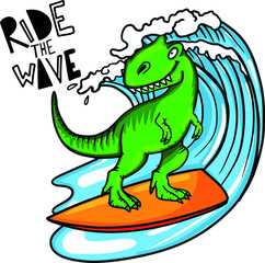  dinosaur on surf. Typography print for kids  . Original design with t-rex, dinosaur. print for T-shirts, textiles, wrapping paper, web. 