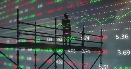 Animation of female architect on scaffolding, financial data processing and statistics - Powered by Adobe