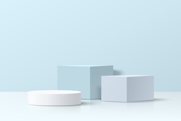 Realistic white and blue 3D cube and cylinder pedestal podium set in abstract room with window shadow. Minimal scene for products stage showcase, promotion display. Vector geometric forms group design - obrazy, fototapety, plakaty