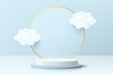 Realistic blue and white 3D cylinder pedestal podium with white cloud flying. Pastel minimal scene for mockup products, stage for showcase, promotion display. Vector geometric forms. Abstract room.