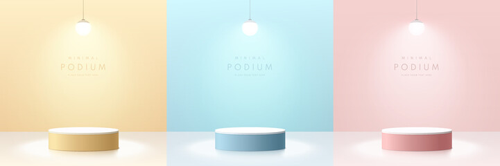 Set of pink, yellow, blue and white realistic 3d cylinder pedestal podium with glowing hanging balls neon lamp. Abstract minimal wall scene for mockup products stage for showcase, Promotion display.