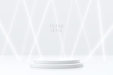Realistic silver cylinder pedestal podium with overlap glowing neon lamp scene. Vector abstract futuristic room with 3D geometric forms. Minimal scene for mockup products showcase, Promotion display.