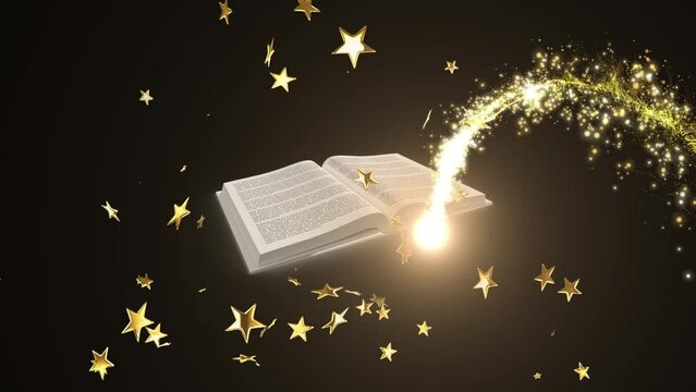 Animation of glowing stars and shooting star over open book on black background