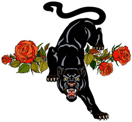 The roaring panther climbs down and looks straight ahead. Aggressive black leopard and blooming red roses. Front view. Tattoo style vector illustration