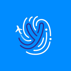 W letter logo made of fingerprint with plane and airplane trail.