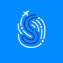 S letter logo made of fingerprint with plane and airplane trail.
