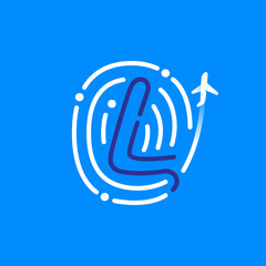 L letter logo made of fingerprint with plane and airplane trail.